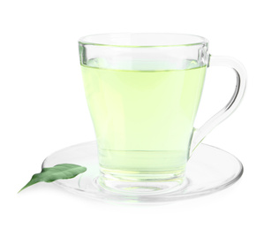 Cup of aromatic green tea and leaf isolated on white