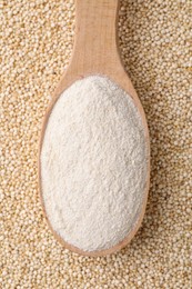 Wooden spoon with quinoa flour on seeds, top view