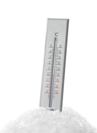 Weather thermometer in snow against white background