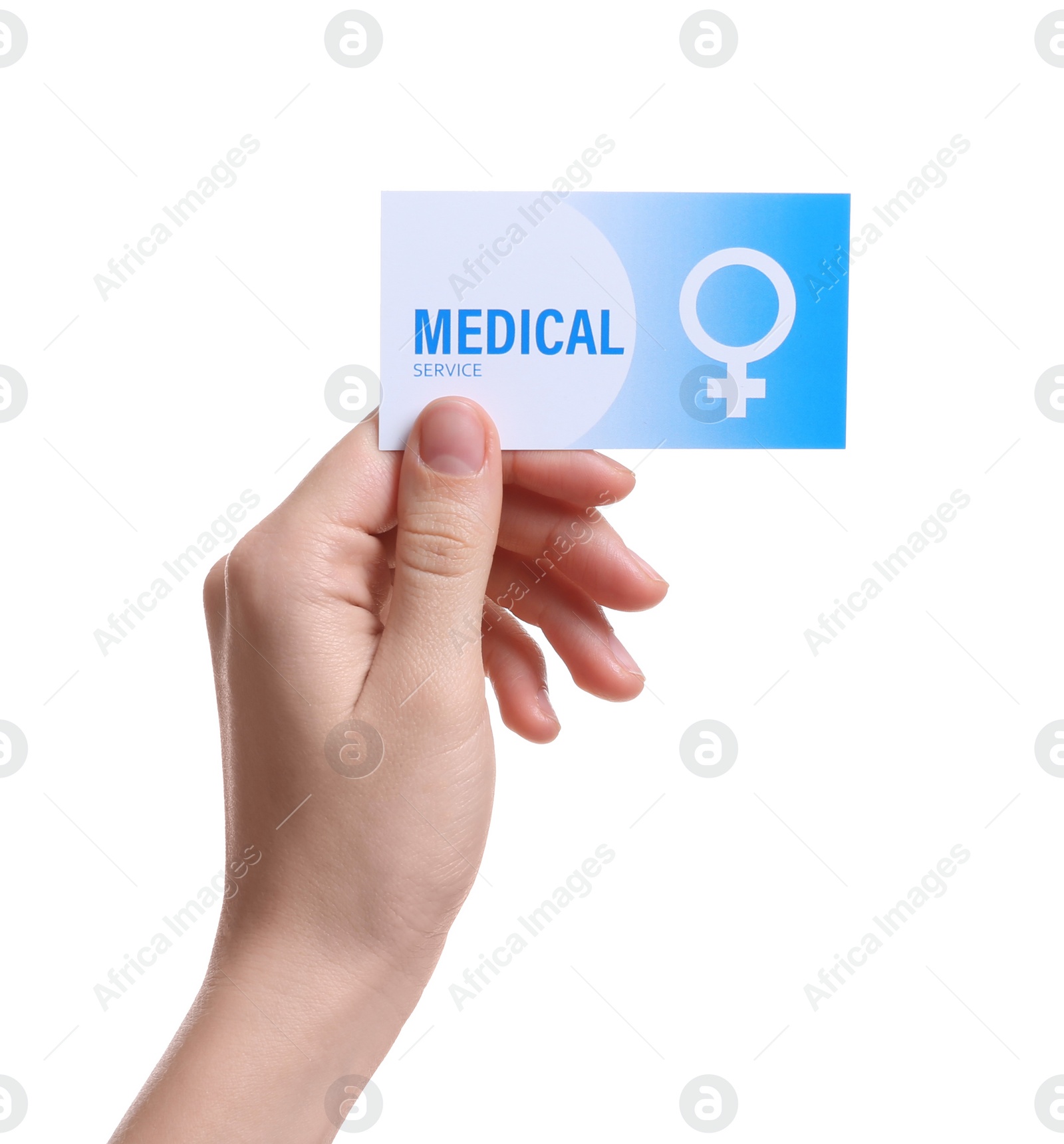 Photo of Girl holding medical business card isolated on white, closeup. Women's health service