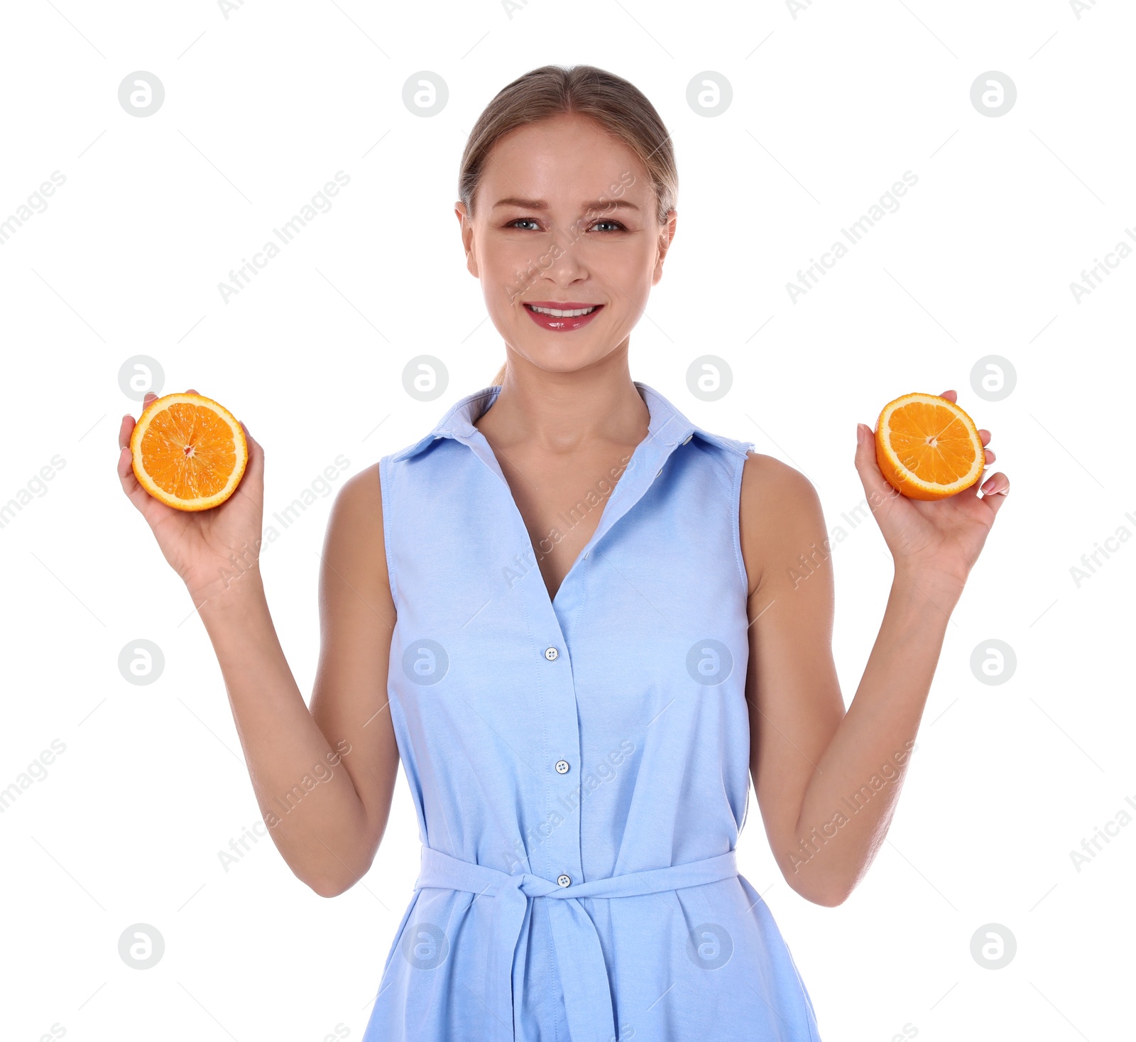 Photo of Slim woman with orange on white background. Healthy diet