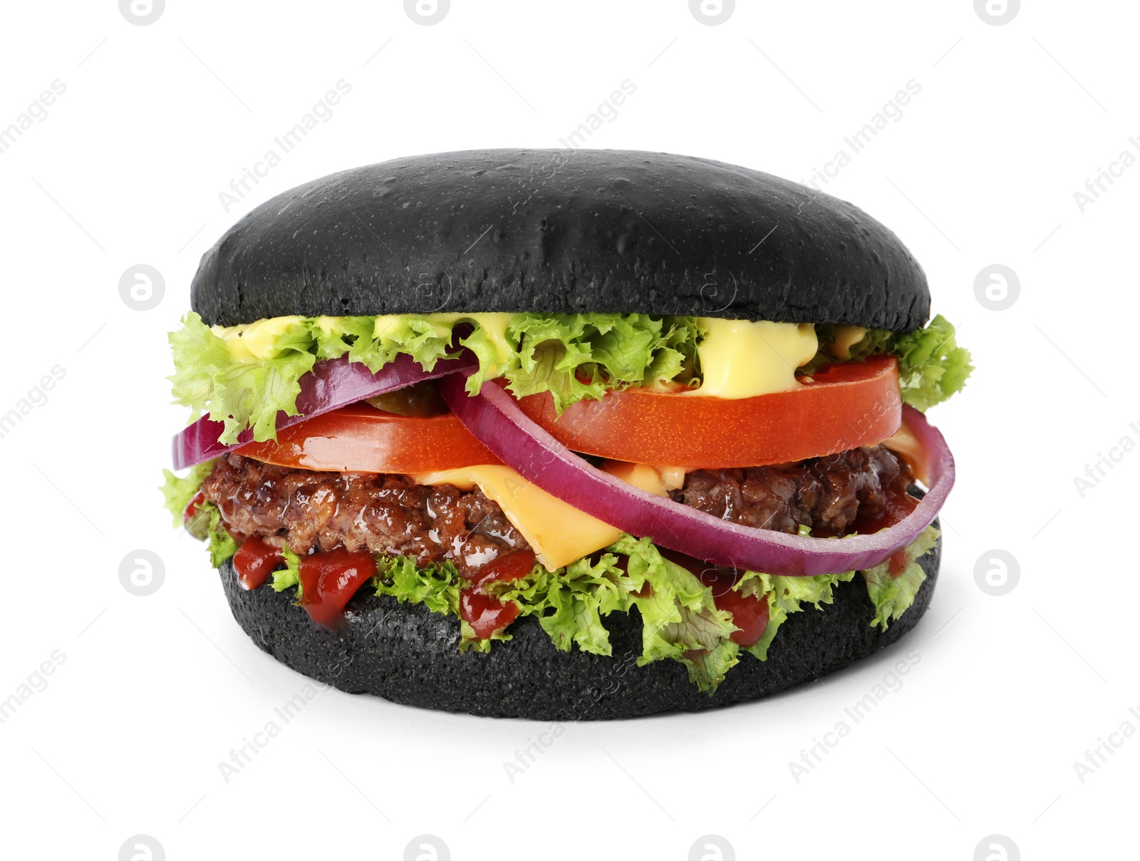 Photo of Tasty unusual black burger isolated on white