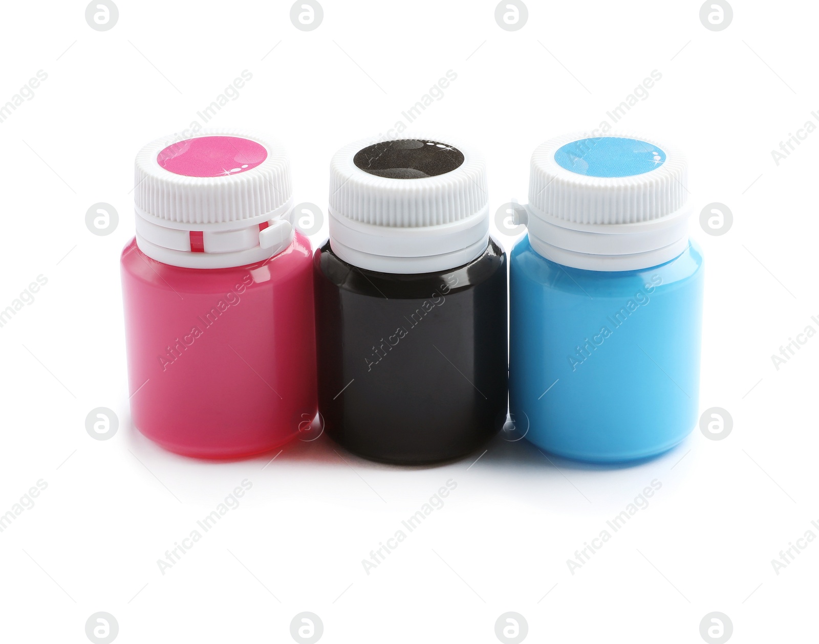 Photo of Jars with colorful paints on white background. Artistic equipment for children