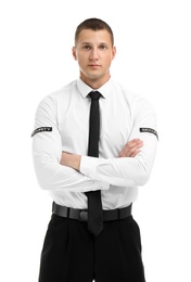 Male security guard in uniform on white background