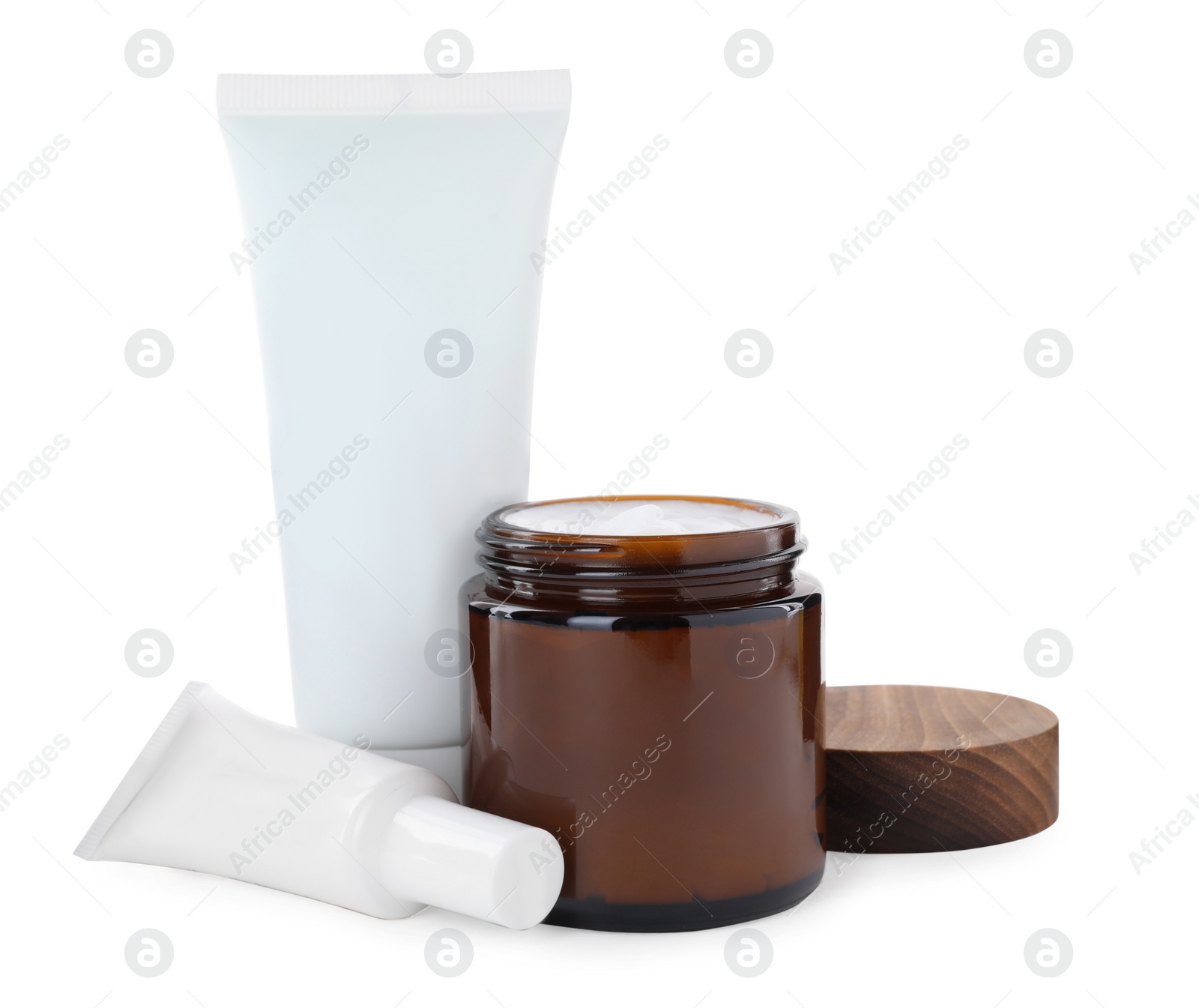 Photo of Different hand care cosmetic products on white background