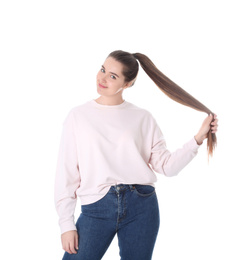 Photo of Portrait of young woman on white background