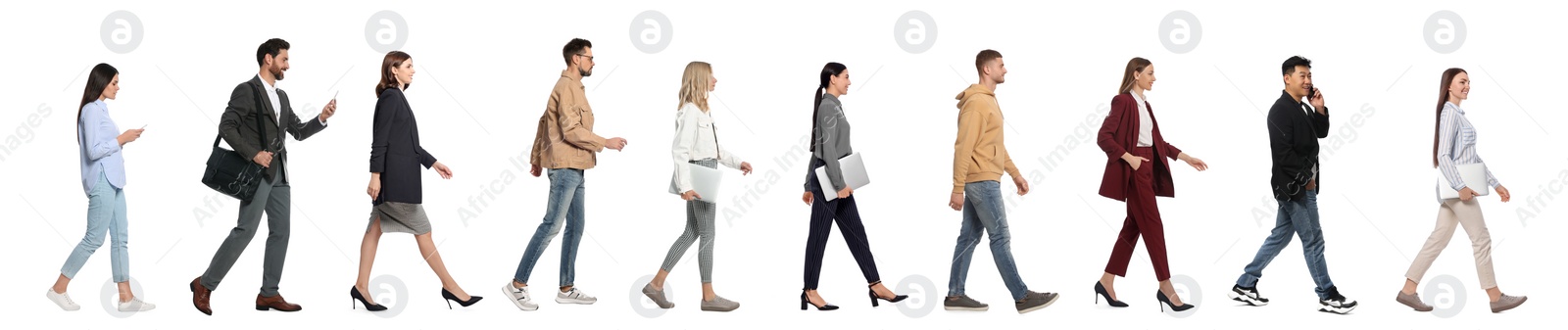 Image of Collage with photos of people wearing stylish outfit walking on white background. Banner design