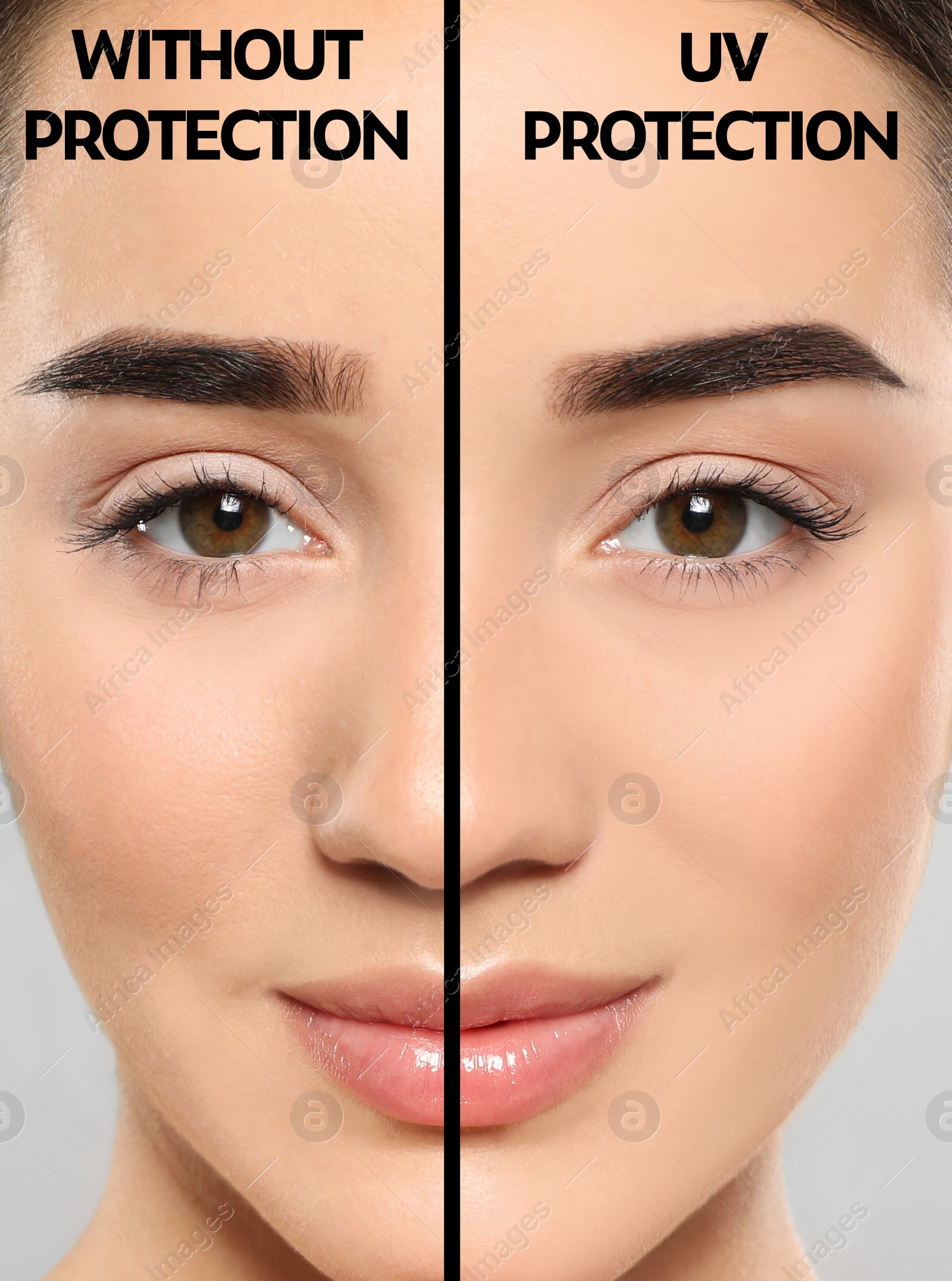 Image of Young woman without and with sun protection cream on her face