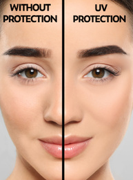 Young woman without and with sun protection cream on her face