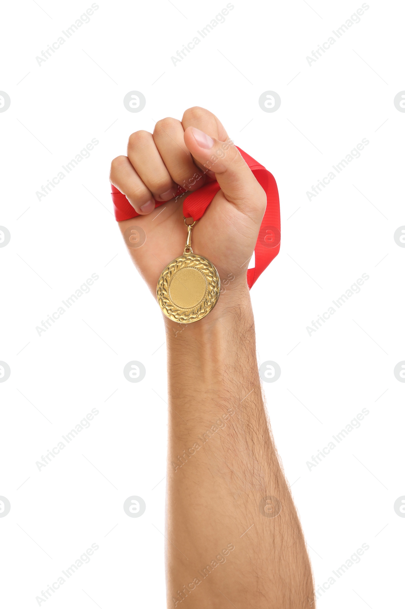 Photo of Man holding golden medal on white background, closeup. Space for design