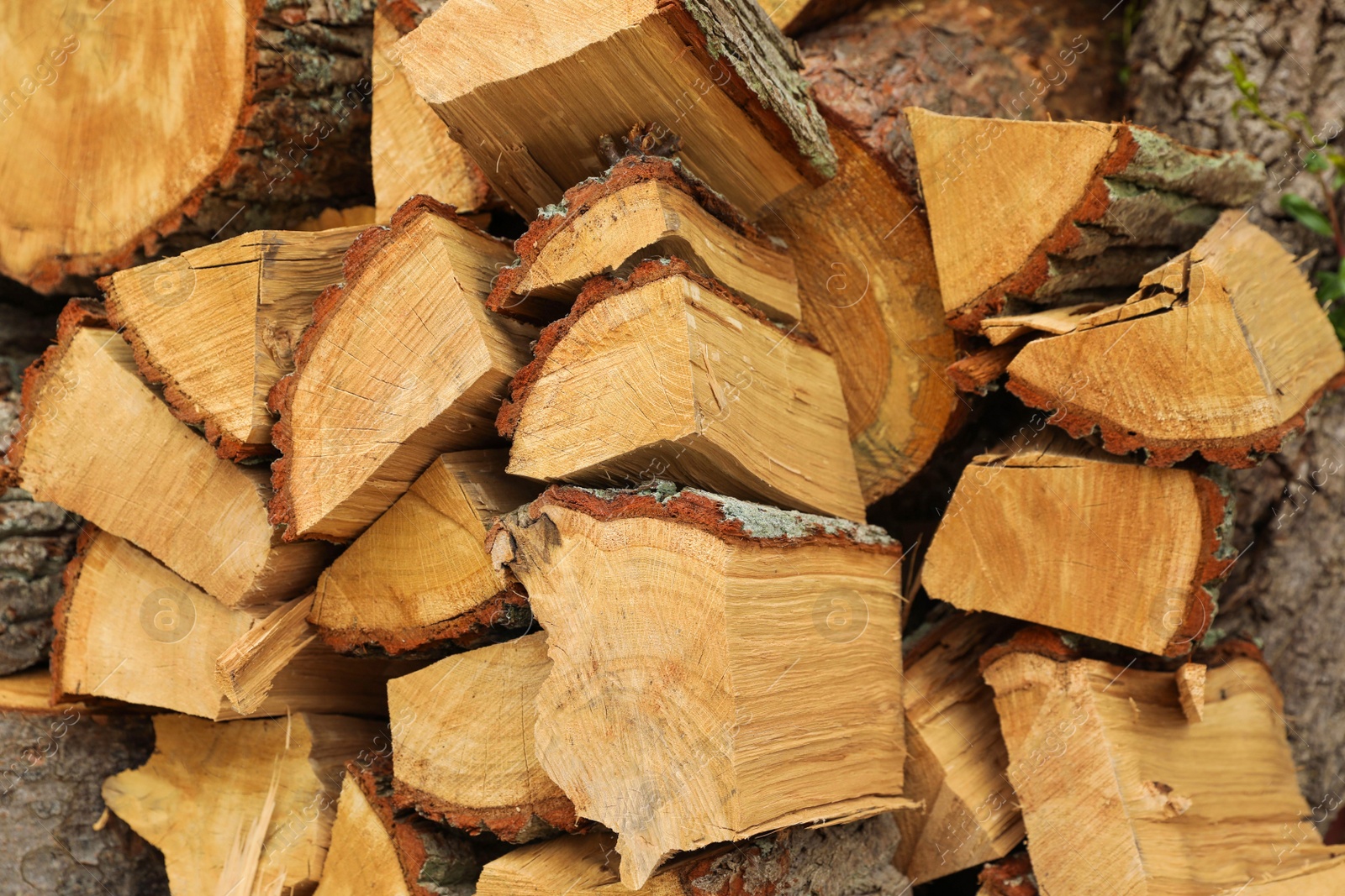 Photo of Closeup view of stacked firewood. Heating in winter