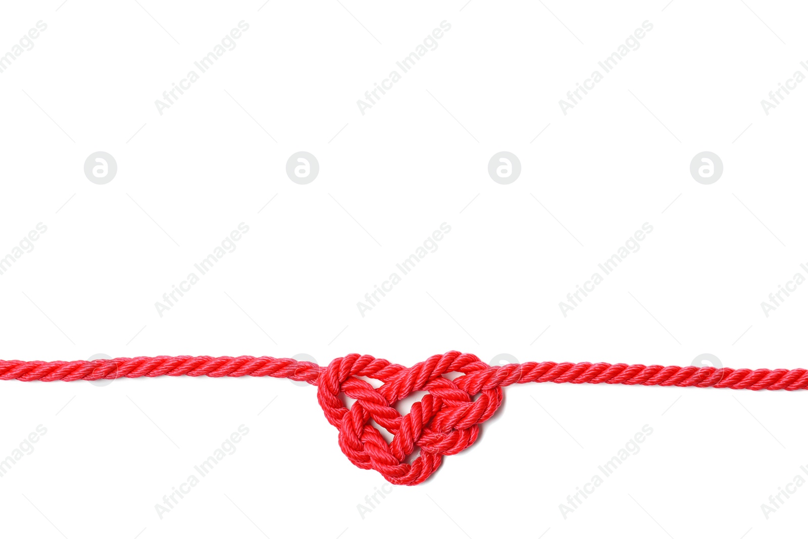 Photo of Heart made of red rope on white background, top view with space for text