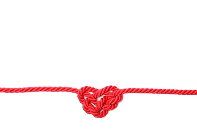 Heart made of red rope on white background, top view with space for text