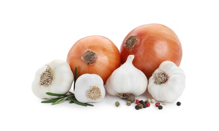 Photo of Fresh garlic, onion, peppercorns and rosemary isolated on white