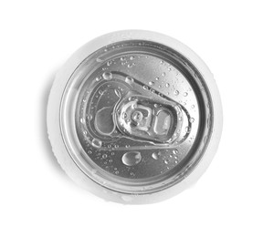 Aluminum can with drink isolated on white, top view