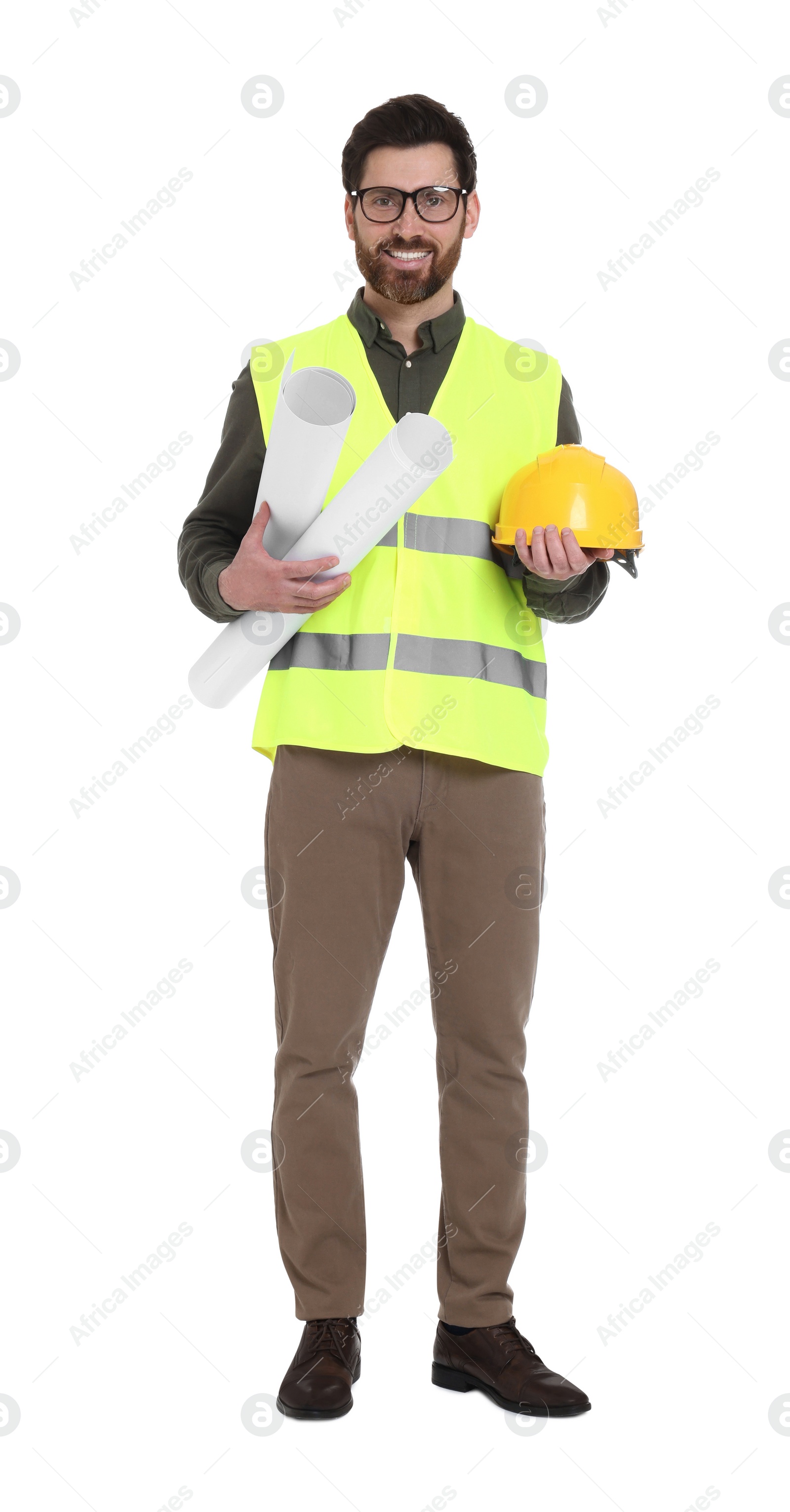 Photo of Architect with drafts and hard hat on white background