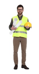 Photo of Architect with drafts and hard hat on white background