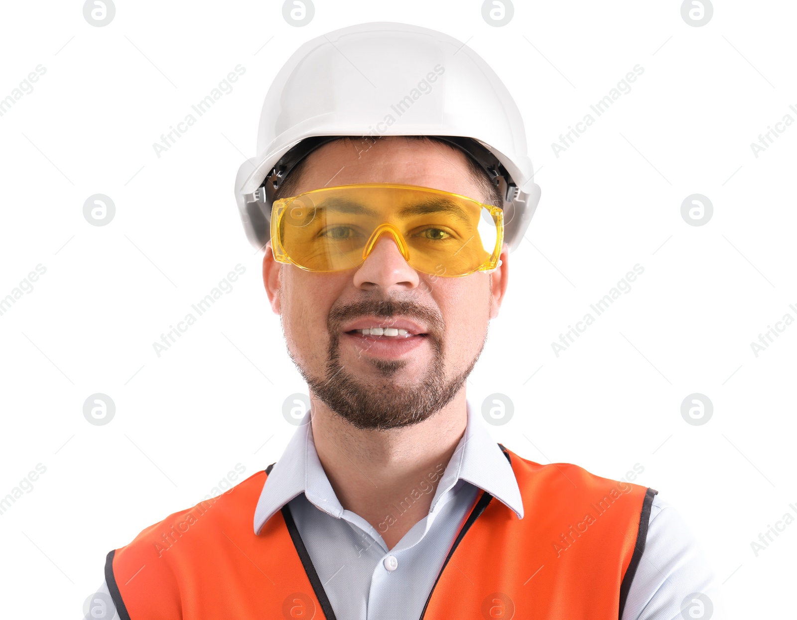 Photo of Male industrial engineer in uniform on white background. Safety equipment