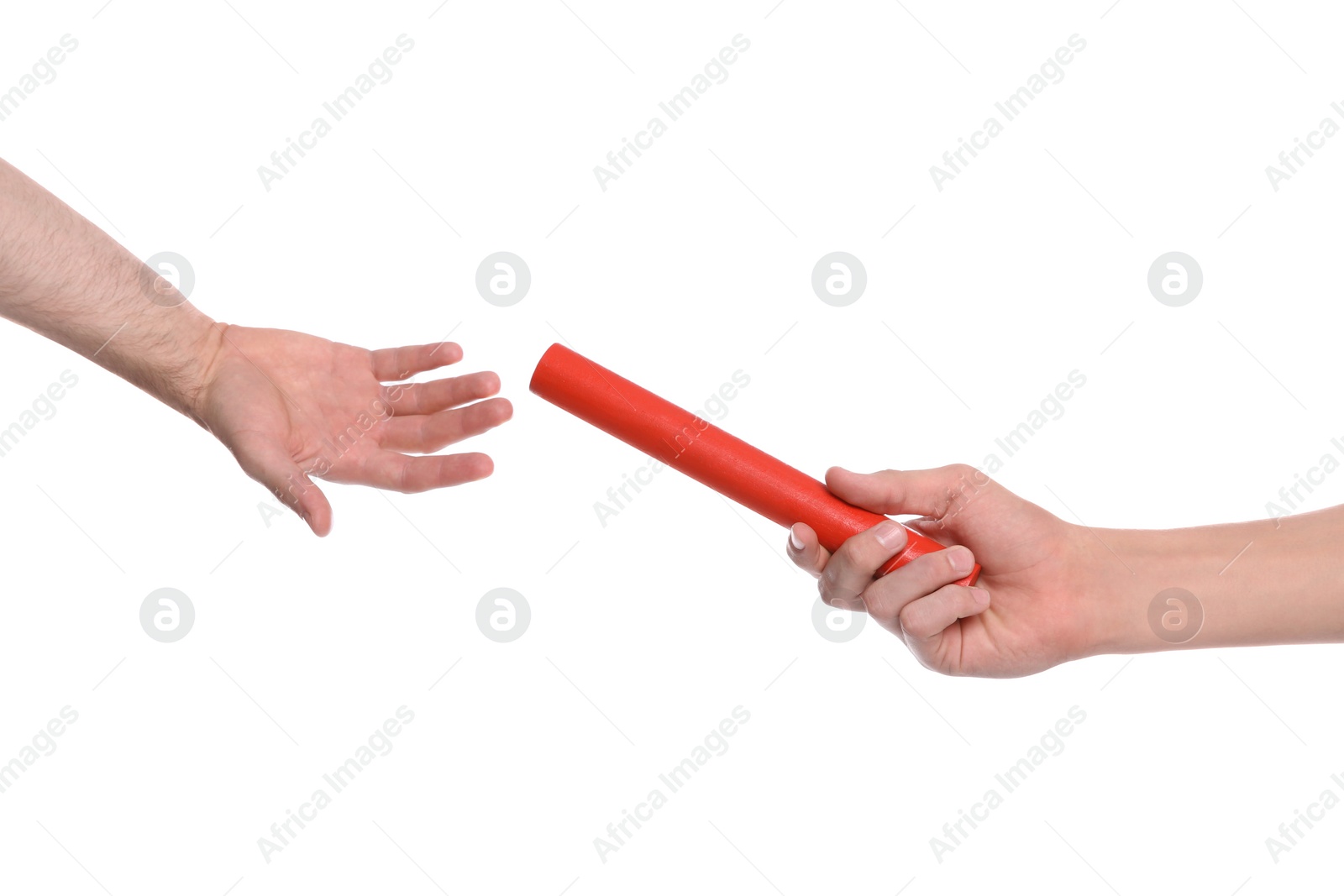 Photo of Woman passing baton to man on white background, closeup