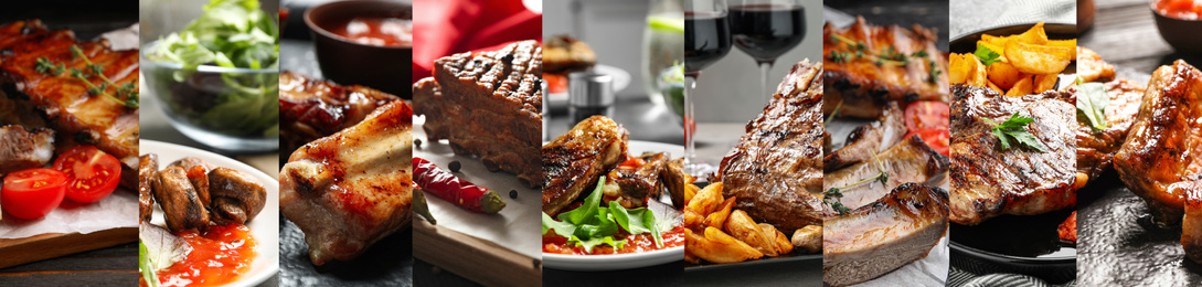 Collage with different photos of delicious grilled meat. Banner design 