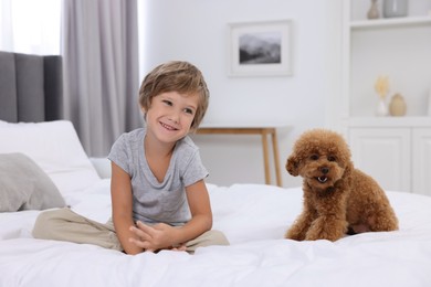 Little child and cute puppy on bed at home. Lovely pet