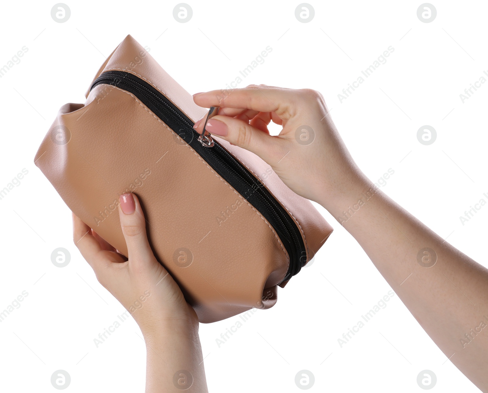 Photo of Woman with cosmetic bag isolated on white, closeup