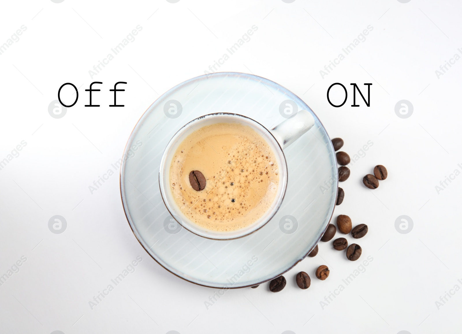 Image of Coffee break. Cup of aromatic hot drink and beans on white background, top view