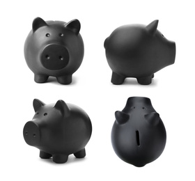 Image of Set with black piggy bank on white background