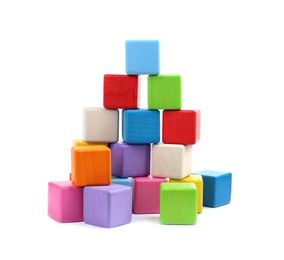 Photo of Many colorful cubes isolated on white. Children's toys