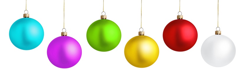 Image of Set of bright Christmas balls on white background. Banner design 