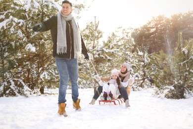 Photo of Father pulling sledge with his wife and daughter outdoors on winter day. Christmas vacation