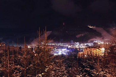 Night landscape with mountain village near forest in winter