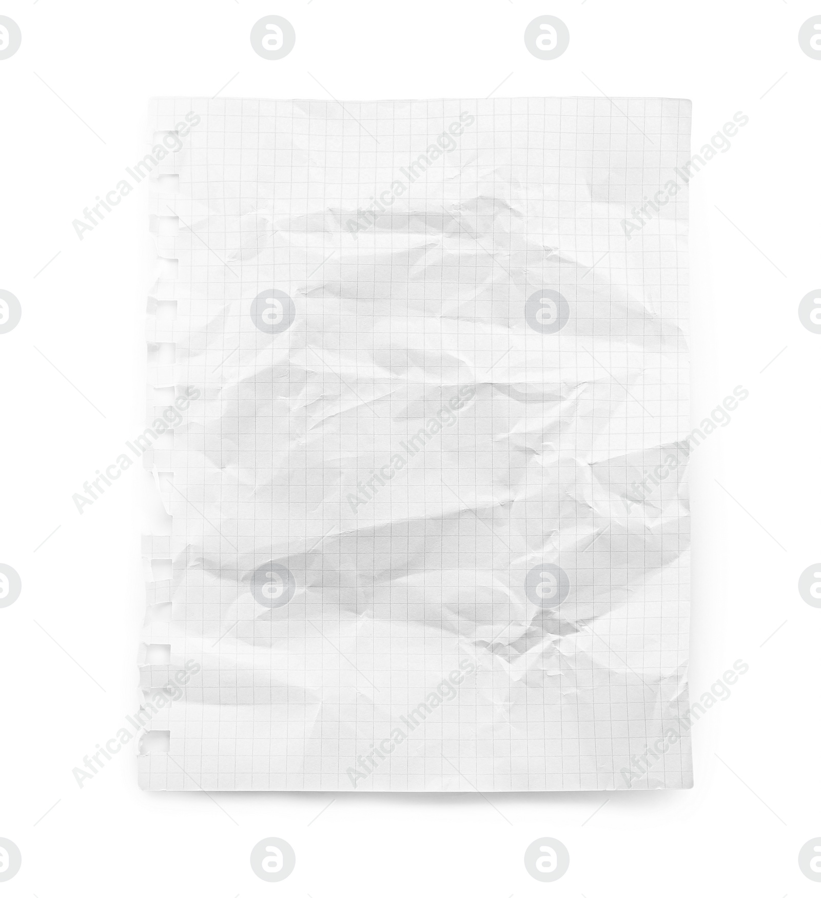 Photo of Crumpled checkered notebook sheet isolated on white, top view