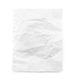 Photo of Crumpled checkered notebook sheet isolated on white, top view