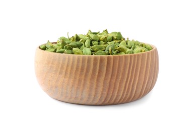 Photo of Wooden bowl with dry cardamom seeds isolated on white