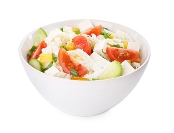 Photo of Tasty salad with Chinese cabbage, tomato, cheese, pepper and cucumber in bowl isolated on white