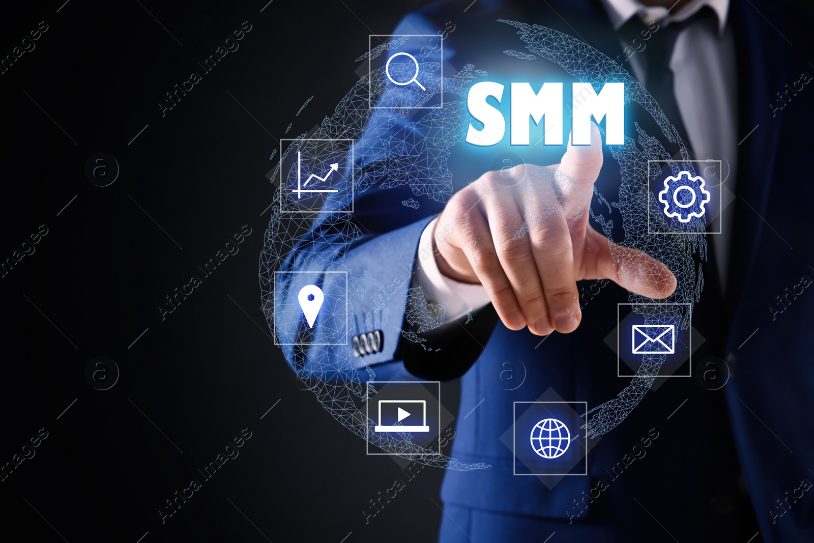 Image of Social media marketing concept. Man touching virtual icon SMM against dark background, focus on hand