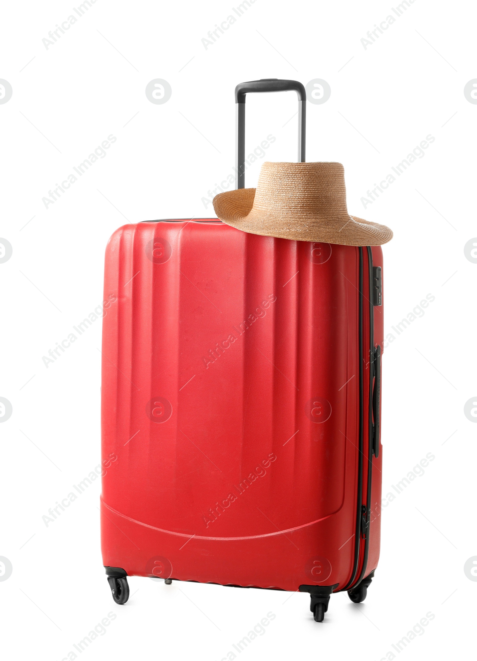 Photo of Bright red suitcase packed for journey on white background