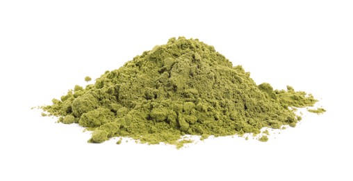 Pile of hemp protein powder on white background