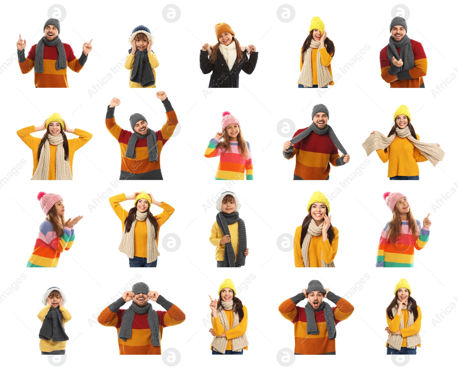 Image of Collage with photos of people wearing warm clothes on white background. Winter vacation 