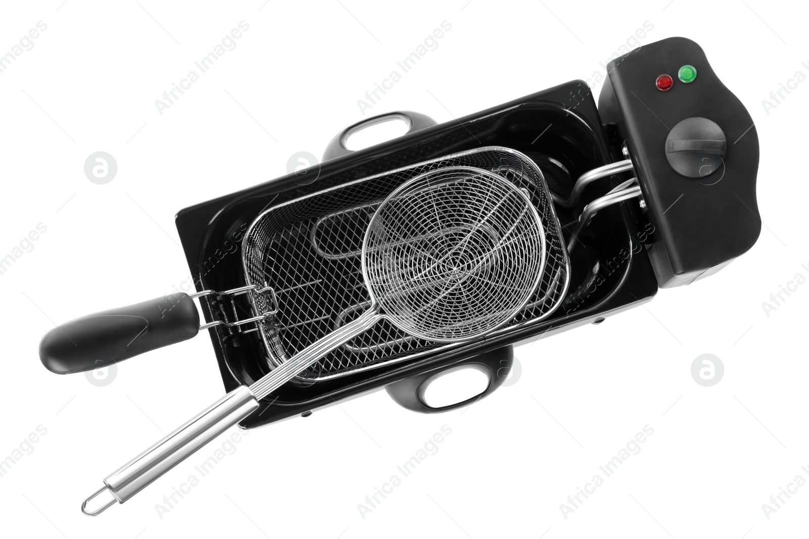 Photo of Modern deep fryer and baskets isolated on white, top view. Kitchen device