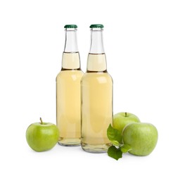Photo of Delicious cider and green apples isolated on white