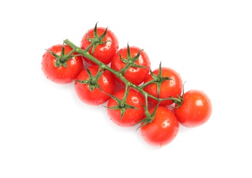 Photo of Branch of fresh cherry tomatoes isolated on white