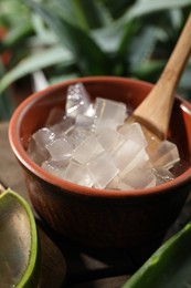 Photo of Aloe vera gel in bowl and slices of plant on wooden table, closeup