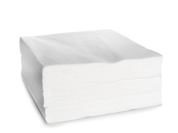 Stack of clean paper napkins on white background