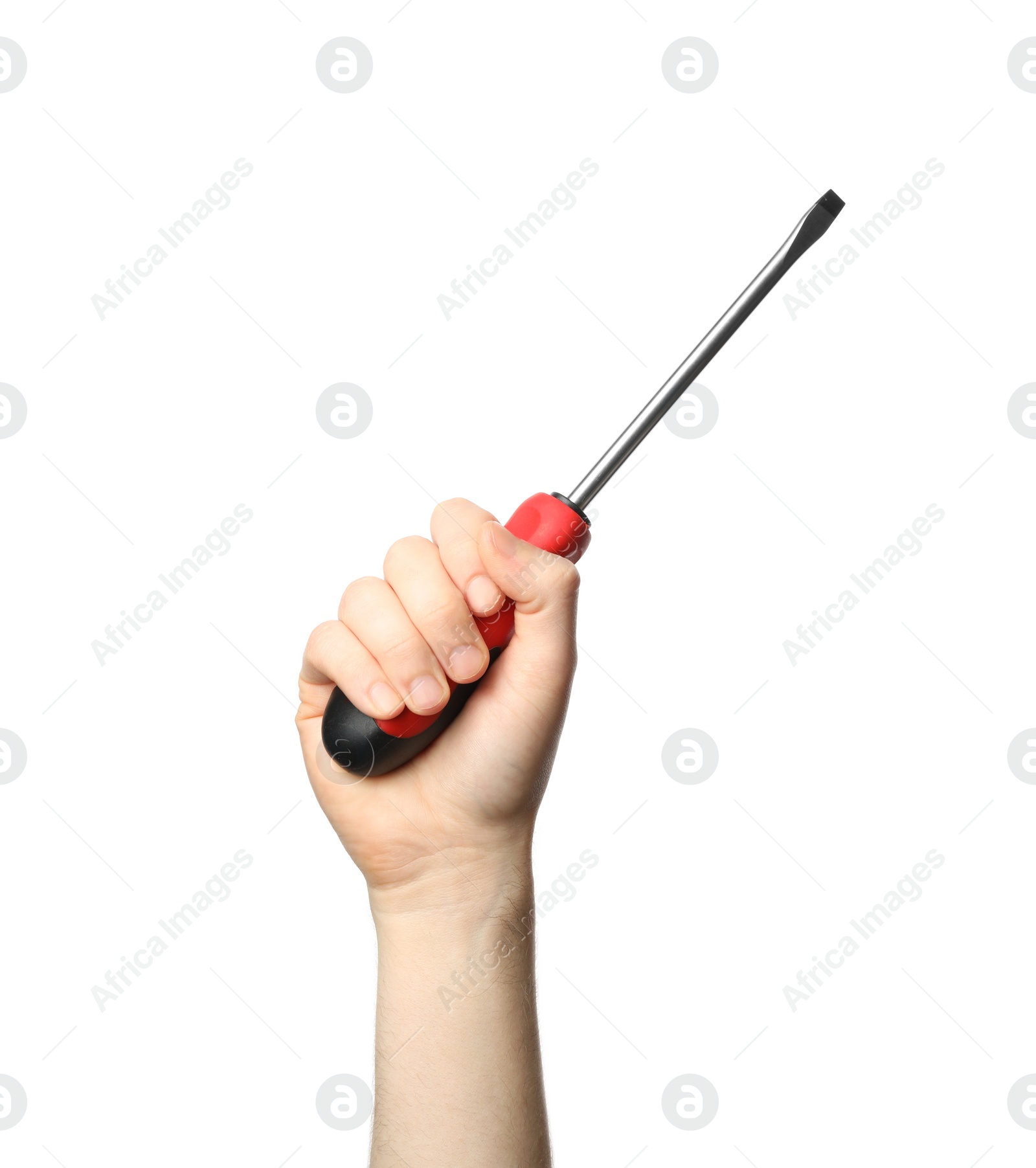 Photo of Man holding screwdriver isolated on white, closeup