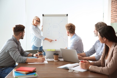 Photo of Business people listening to leader on meeting in office. Professional communication