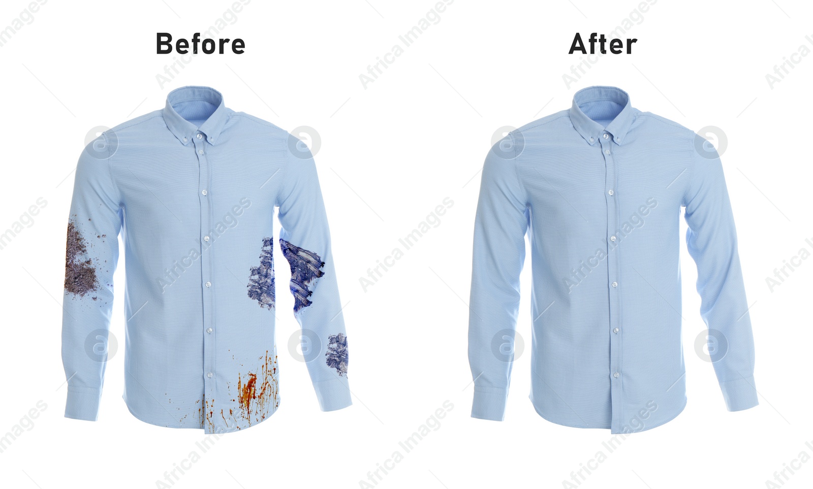 Image of Stylish shirt before and after washing on white background, collage. Dry-cleaning service