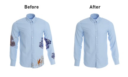 Image of Stylish shirt before and after washing on white background, collage. Dry-cleaning service