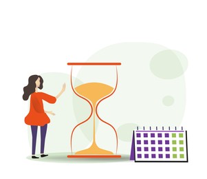 Illustration of Impending menopause concept.  woman, hourglass and calendar on white background